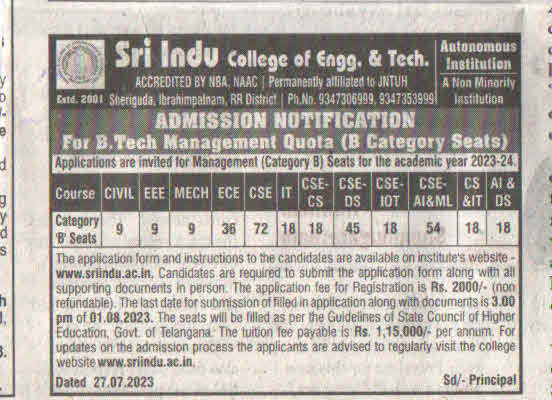 Category – B Admissions For The Academic Year – Sri Indu College Of ...